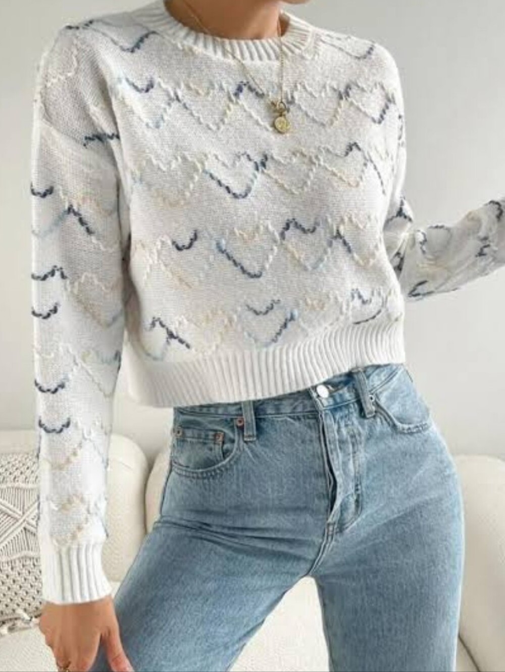 Charlie B Never Worn Cream Heart-Pattern Cropped Knit Sweater - Medium